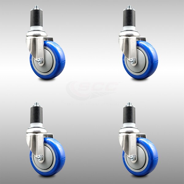 Service Caster 4 Inch 316SS Blue Polyurethane Swivel 1-1/2 Inch Expanding Stem Caster Set SCC SCC-SS316EX20S414-PPUB-BLUE-112-4 - main